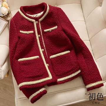 初色 法式單排扣圓領小香風大口袋拼色長袖外套-共2色-38669(M-2XL可選