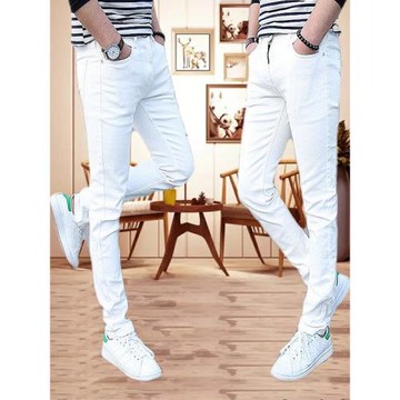 白褲子男士牛仔褲日常款直腳褲中腰彈力直筒長褲時尚修身百搭男褲
