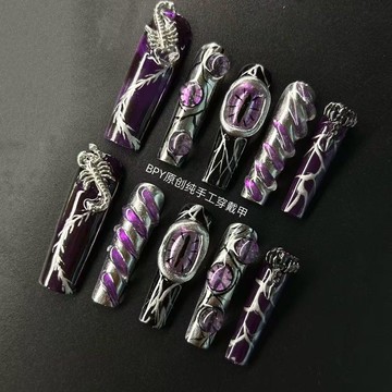 💕加一新創作😍歐美純手工紫色魔蠍高級之眼惡魔哥特重工暗黑辣妹穿戴美甲朋克穿戴甲