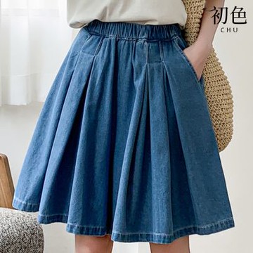 初色 休閒純色鬆緊腰寬鬆高腰百褶A字闊腿短褲牛仔褲裙-共2色-15214(M-2XL可選)