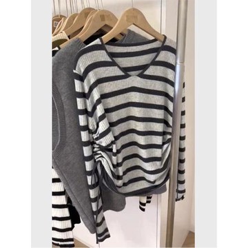 女裝2025新款秋季v領上衣寬松中長款內搭打底衫條紋長袖正肩t恤女