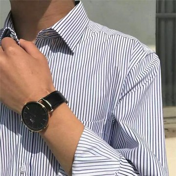 新款韓版修身條紋長袖襯衫男商務休閑復古方領寬松大碼男士襯衣潮