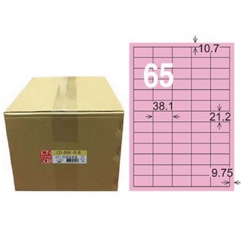 【龍德】LONGDER 三用電腦標籤 A4 65格 21.2*38.1mm粉紅1000張/箱 LD-806-R-B(適用雷射、噴墨、影印)