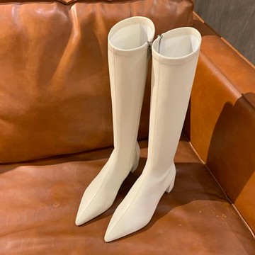 尖頭長靴女2024秋冬季粗跟側拉鏈白色彈力瘦瘦靴單靴子高筒騎士靴