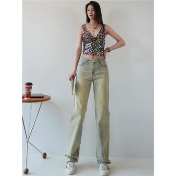 高個175春秋黃泥色美式直筒百搭情侶加長款牛仔褲寬松顯瘦設計感