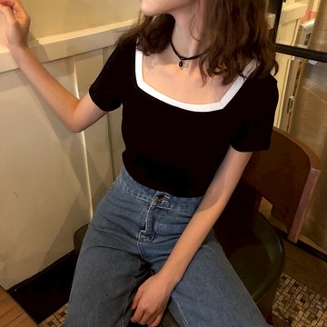 修身方領顯瘦T恤女夏季百搭復古撞色打底衫大碼小衫網紅直播上衣1入