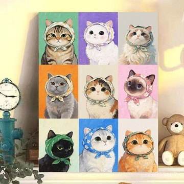在地出貨🥇diy數字油畵萌係可愛頭巾小貓係列手工填充填色油畵解壓裝飾畵 GSK3