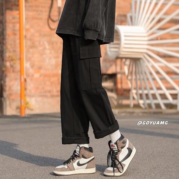 耐磨工裝褲男春秋款日系復古百搭潮流休閑褲直筒寬松闊腿褲男褲子