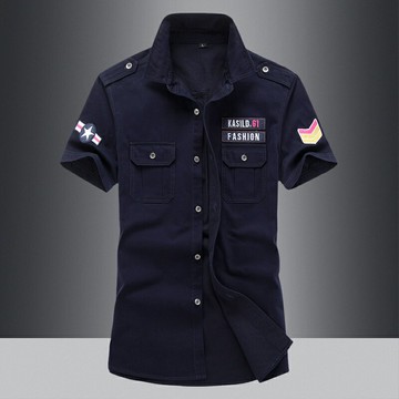 夏天休閑短袖襯衫男青年韓版修身夏季男加大碼工裝襯衣純棉軍裝潮