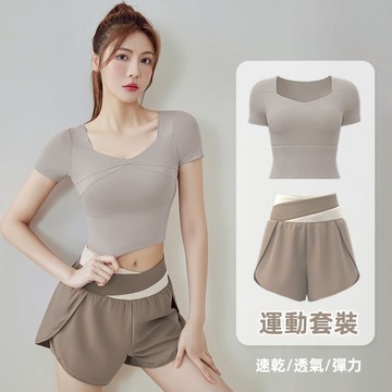 TUOLANG™ 拼色遮臀防走光假兩件運動套裝 運動套裝 瑜伽套裝 瑜珈服套裝 瑜伽服 運動服套裝 運動短褲 運動短袖上