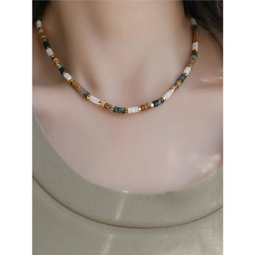 法式復古小眾輕奢天然石貝母串珠項鏈女鎖骨鏈短款頸鏈2025年新款