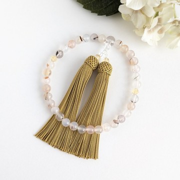 【女性用／正珠 8mm】dendrite agate 與黃水晶念珠／簡式佛珠／純絲芥子色佛頭