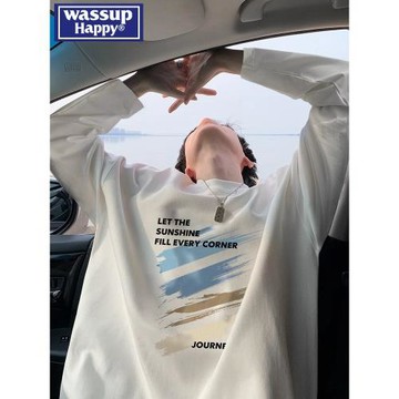 wassup happy長袖T恤男士春秋季重磅純棉圓領打底衫男款休閑體恤