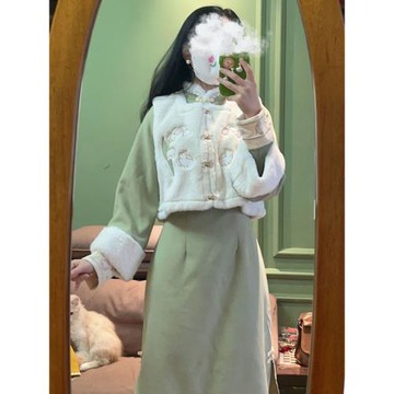 新中式女裝改良旗袍小個子連衣裙秋冬季毛絨馬甲國風燈芯絨兩件套