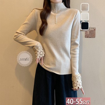 針織高領壓褶蕾絲袖上衣(3色) F【706316X】【現+預】☆流行前線☆