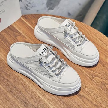 厚底包頭半拖鞋女2024新款百搭網面透氣薄款真皮小白鞋夏松糕鞋dy