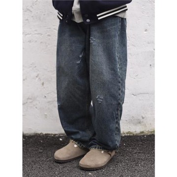 COATHOOD秋冬日系復古做舊水洗藍寬松錐形百搭牛仔褲長褲男