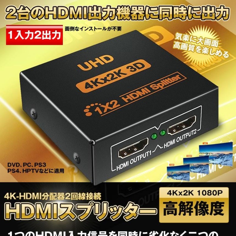 HDMI 分配器 4K X 2K 1入力 2出力 HDMIスプリッタ 2画面 同時出力 HDMI