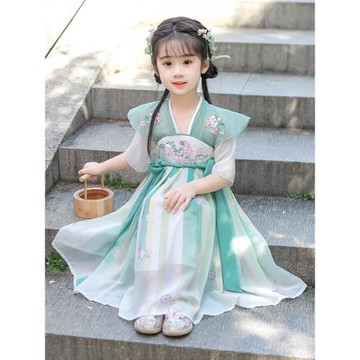 漢服女童2025新款春夏季中國風古裝超仙連衣裙兒童唐裝舞蹈演出服