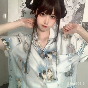 【全店免運 臺灣發貨】夏季冰絲短袖可愛貓咪印花睡衣女甜美溫柔網紅開衫短褲家居服套裝透氣 舒適 性價比高 優惠