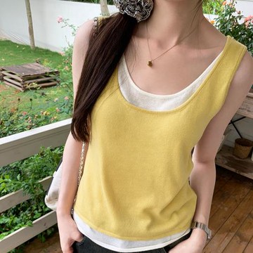 suseyiku設計感假兩件工字背心女夏2024新款無袖外穿法式絕美上衣