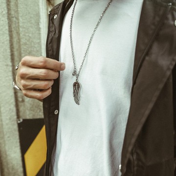 DISSOLVE設計師原創 美式火焰羽毛鋯石吊墜男鈦鋼項鏈