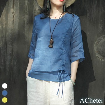 【ACheter】純色別緻抽繩設計感圓領復古棉麻感襯衣# 108977(現貨+預購)