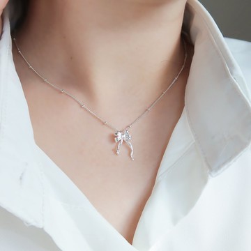 925純銀 氣質感 蝴蝶結 點點側身鍊 項鍊 鎖骨鍊 長鍊 免費包裝