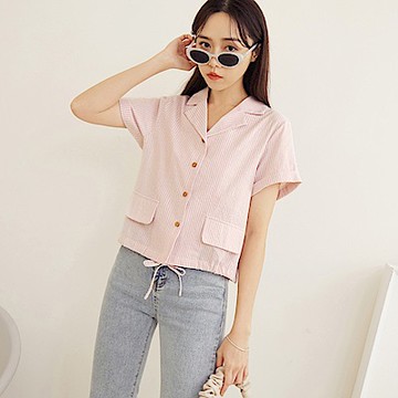 OB嚴選-棉質條紋西裝領袋蓋造型下襬抽繩短版襯衫