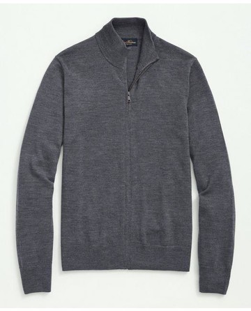 Brooks Brothers Men's Fine Merino Wool Full Zip Sweater | Grey Heather | Size XL