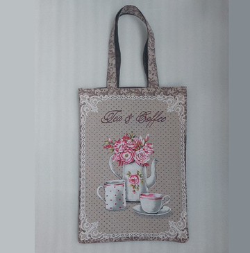 强大的可重复使用的米色手提袋 环保棉帆布袋与茶和咖啡图案