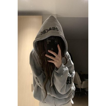 🍂秋冬上新 拉鍊連帽刷毛外套 美式復古風 韓系穿搭 【哥特風】美式復古華夫格連帽開衫衛衣男女寬鬆外套秋冬加絨上衣