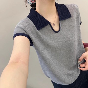 新款撞色翻領短袖針織衫寬鬆夏季上衣時尚遮肉顯瘦拼色T恤潮 針織短袖 短袖t恤 短袖女 女生 t恤