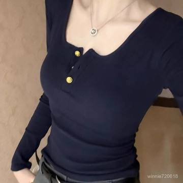 【限時特賣】長袖上衣女 春天上衣  純慾上衣 美式復古長袖T恤女2024秋冬新款u領甜辣上衣修身顯瘦內搭打底小衫