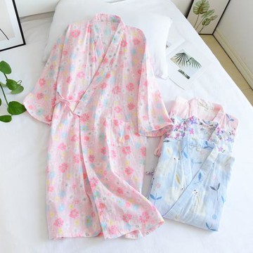日式純棉紗布和服睡袍女睡裙浴袍夏秋季薄長袖溫泉汗蒸服浴衣睡衣