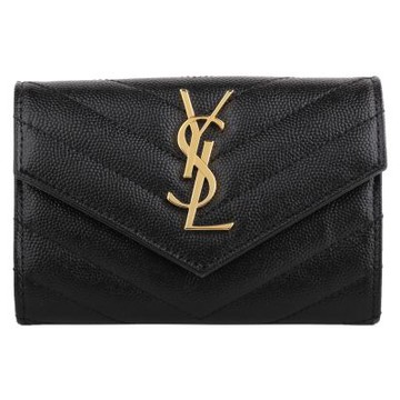 YSL-MONOGRAM YSL 魚子醬皮革信封式零錢袋短夾(黑色)