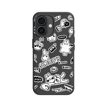 iPhone 16 SolidX 黑 - 懶散兔與啾先生 Lazy Rabbit and Mr.Chu - 黑白塗鴉