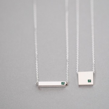 2件組) 祖母綠 正方形 + 長方形 成對項鍊 925 銀