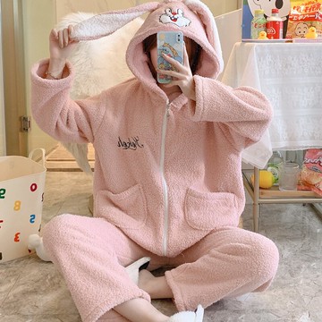 加厚睡衣女韓版長袖米粒絨簡約連帽學生保暖珊瑚絨清新家居服套裝