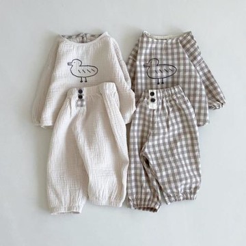 ins2025春夏韓版嬰兒可愛卡通小鴨子套裝寶寶棉麻舒適上衣+褲子