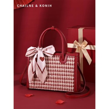 千鳥格紅色包包女結婚包2025新款斜挎手提包高級感大容量新娘婚包