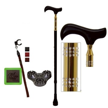 海夫枴杖屋 施華洛士奇 璀璨系列 時尚高級伸縮手杖 72顆鑽 三角底座 夜光片扣環 黑色高級楓木-金(S2KC01)