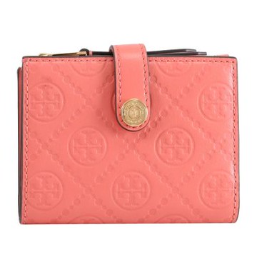TORY BURCH 品牌壓紋撞色皮革扣式零錢短夾(粉橘)