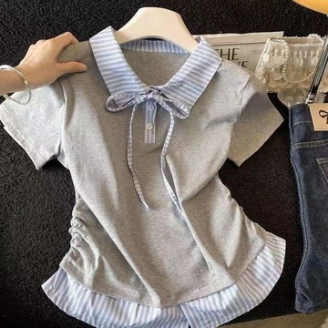 🐻學院風假兩件格紋拼接翻領繫帶短袖t恤女夏季新款小個子顯瘦上衣