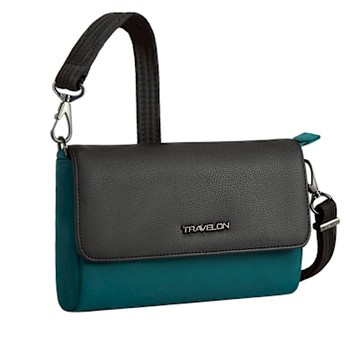 《TRAVELON》Addison皮革拼接防盜斜背腰包-綠黑-- 側背包 斜背包 背帶包 防割防搶