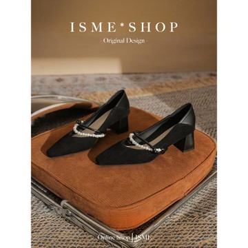 舒適淺口高級珍珠鏈小方頭兩穿女式絨面單鞋氣質瑪麗珍粗跟女百搭