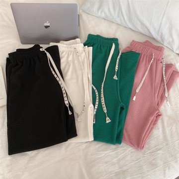 胖mm夏季2025新款設計垂墜感褲腳休閑運動褲女寬松直筒拖地闊腿褲