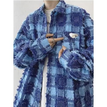 花襯衫新款長袖襯衣男春秋潮牌流蘇格紋休閑小香風短袖外套情侶裝