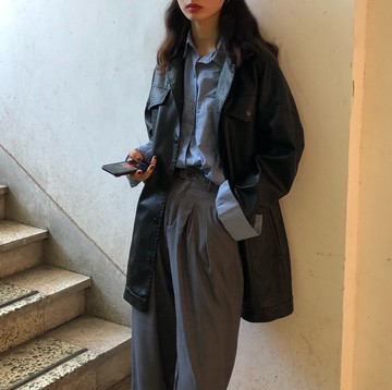皮衣外套女學生秋裝chic復古寬松長袖上衣中長款顯瘦風衣1入
