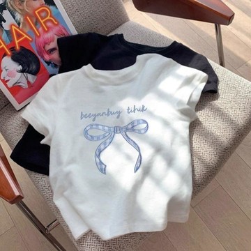 Mini baby🌷現貨速發🌷女童T恤 海洋藍正肩女童短袖T恤女 夏季新款圓領百搭蝴蝶結公主風上衣